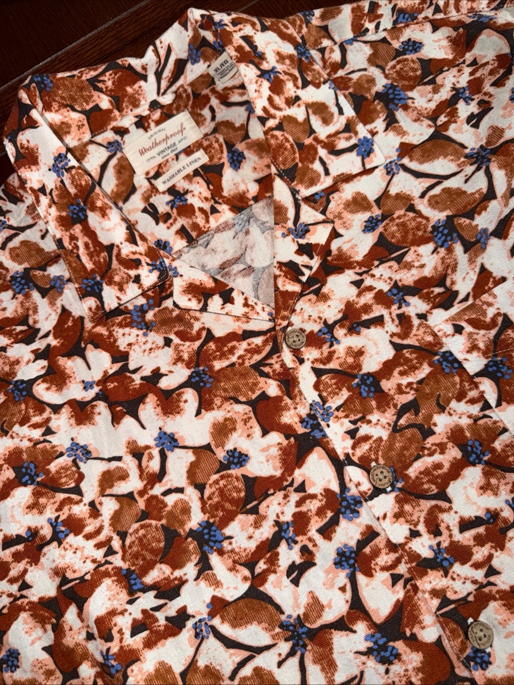 Weatherproof Rust, Cream & Blue Floral Button-Up Shirt Size XL